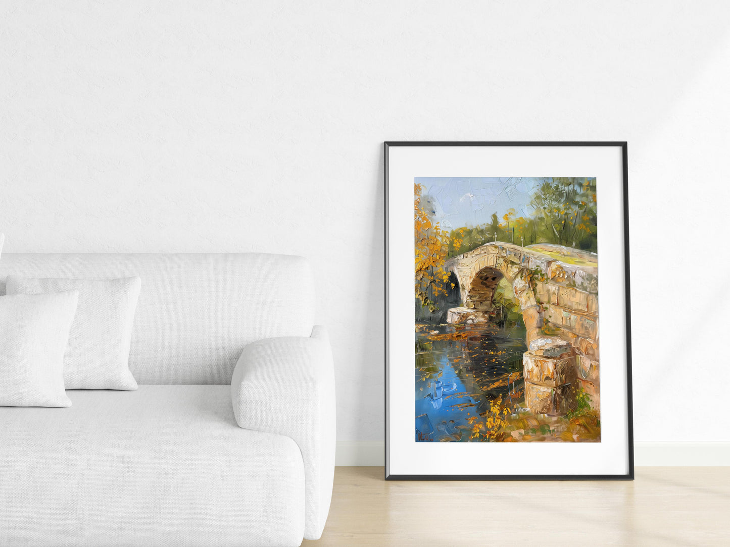 Autumnal Longing: The Stone Bridge by Lars Magnusson- Play of Light, Autumn Motif, Office Decoration, Historical Bridge, Swedish Landscape