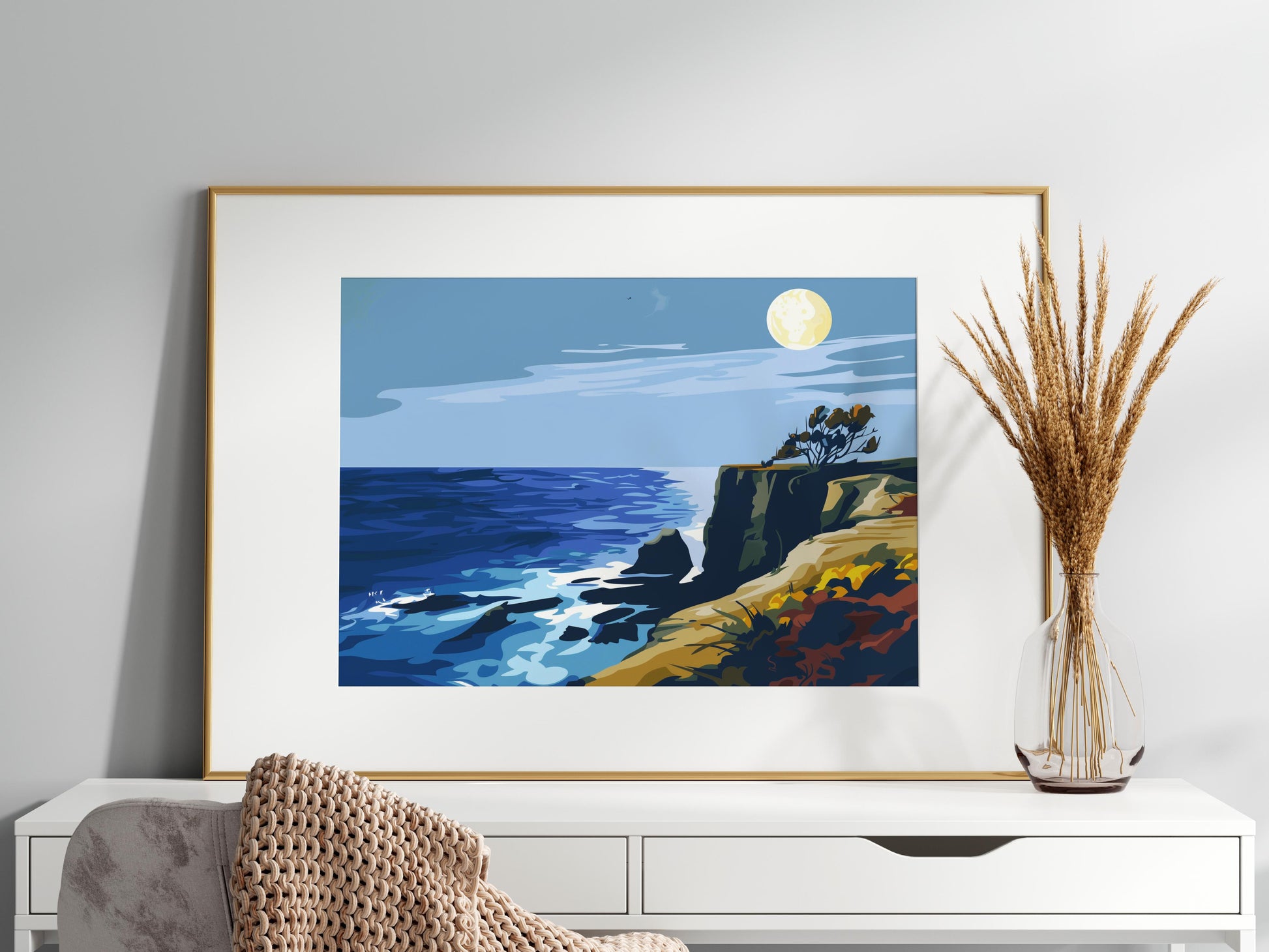 Moonlight on the Cliff- Calm, Color Harmony, Modern, Ocean, Sublimity