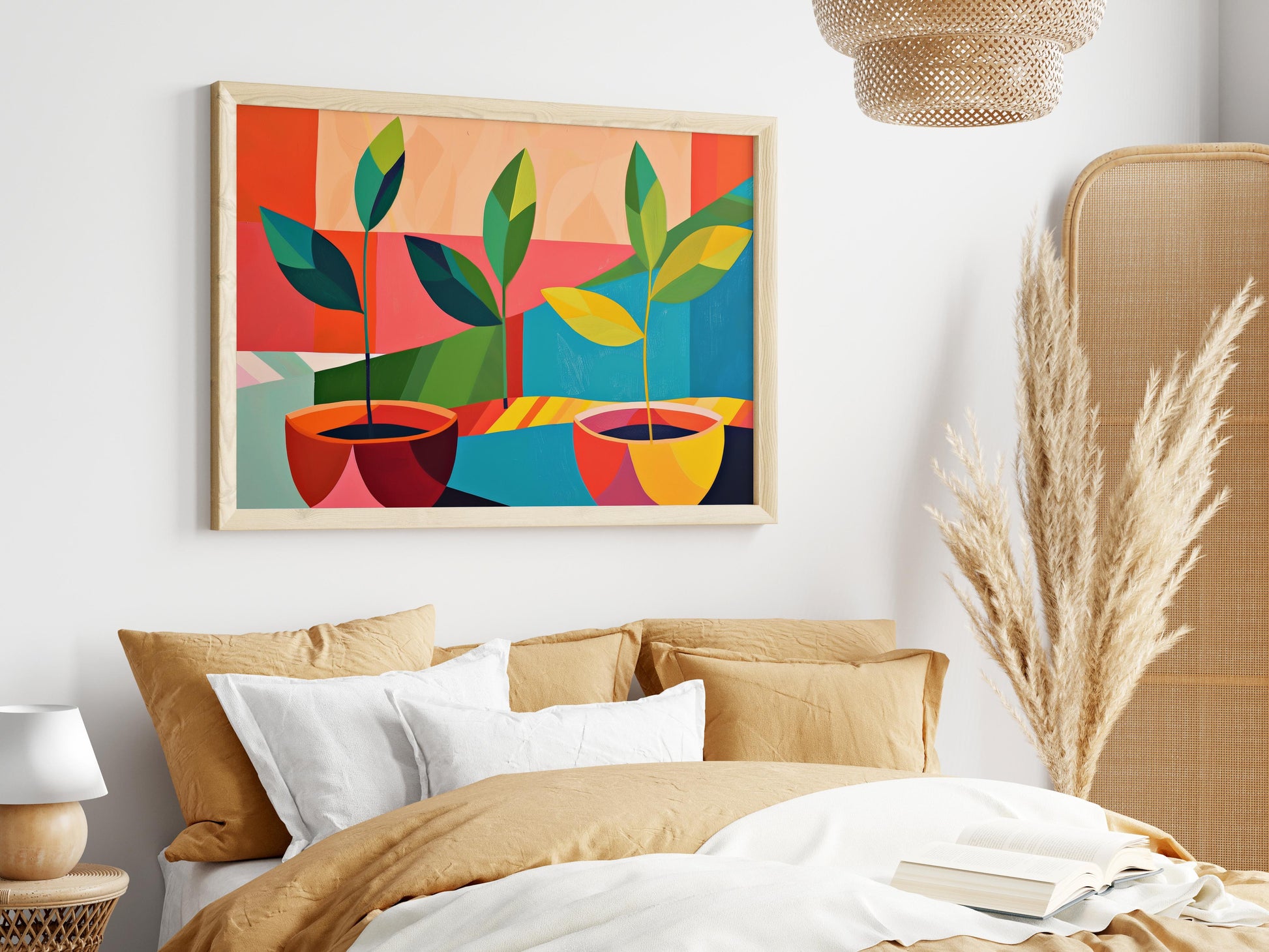 Lebendige Synthese- modern interior, abstract art, green leaves, geometric shapes, color contrasts