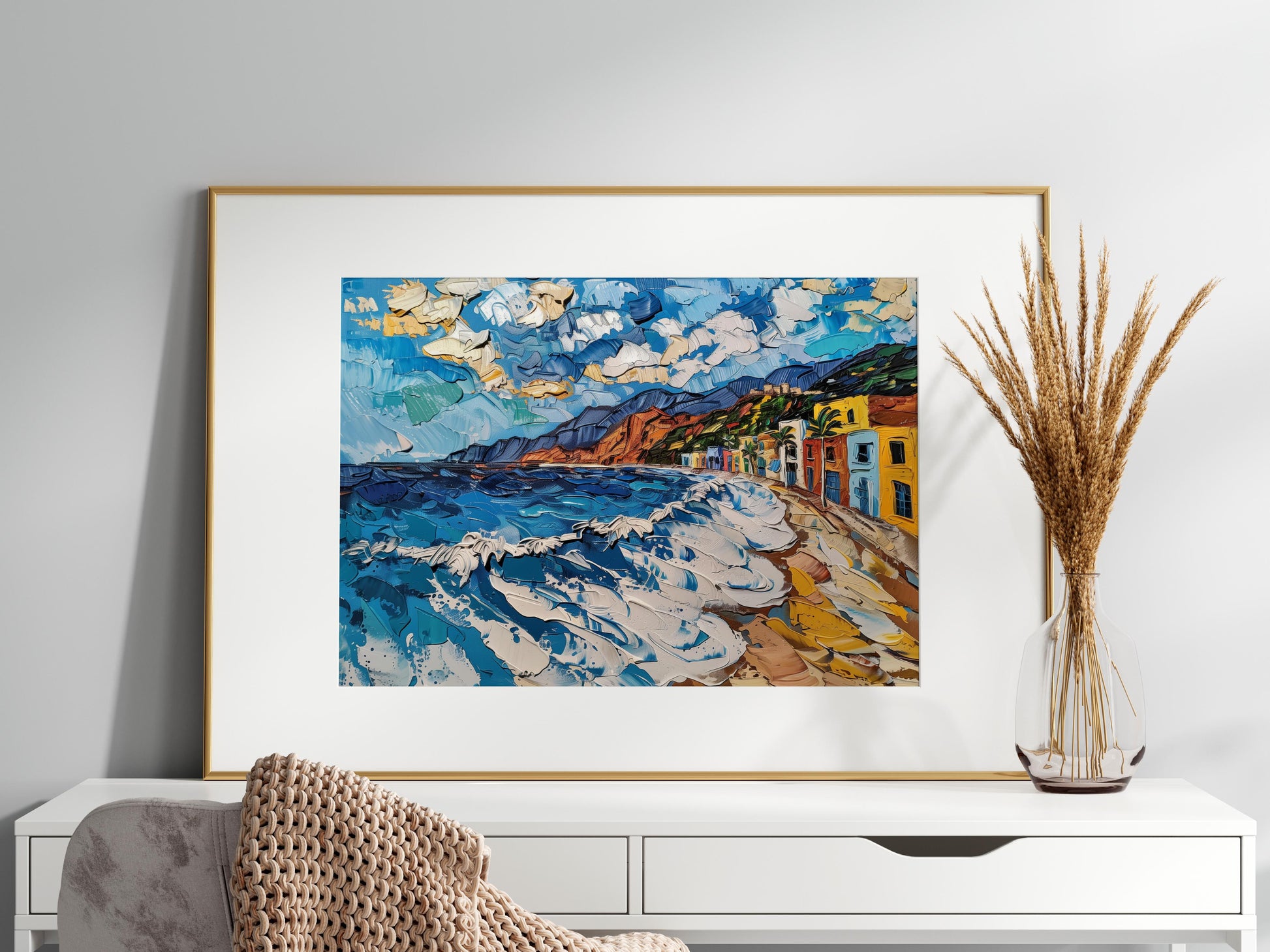 Riviera of Light- Riviera, Landscape painting, Sky, Color palette, Mountains