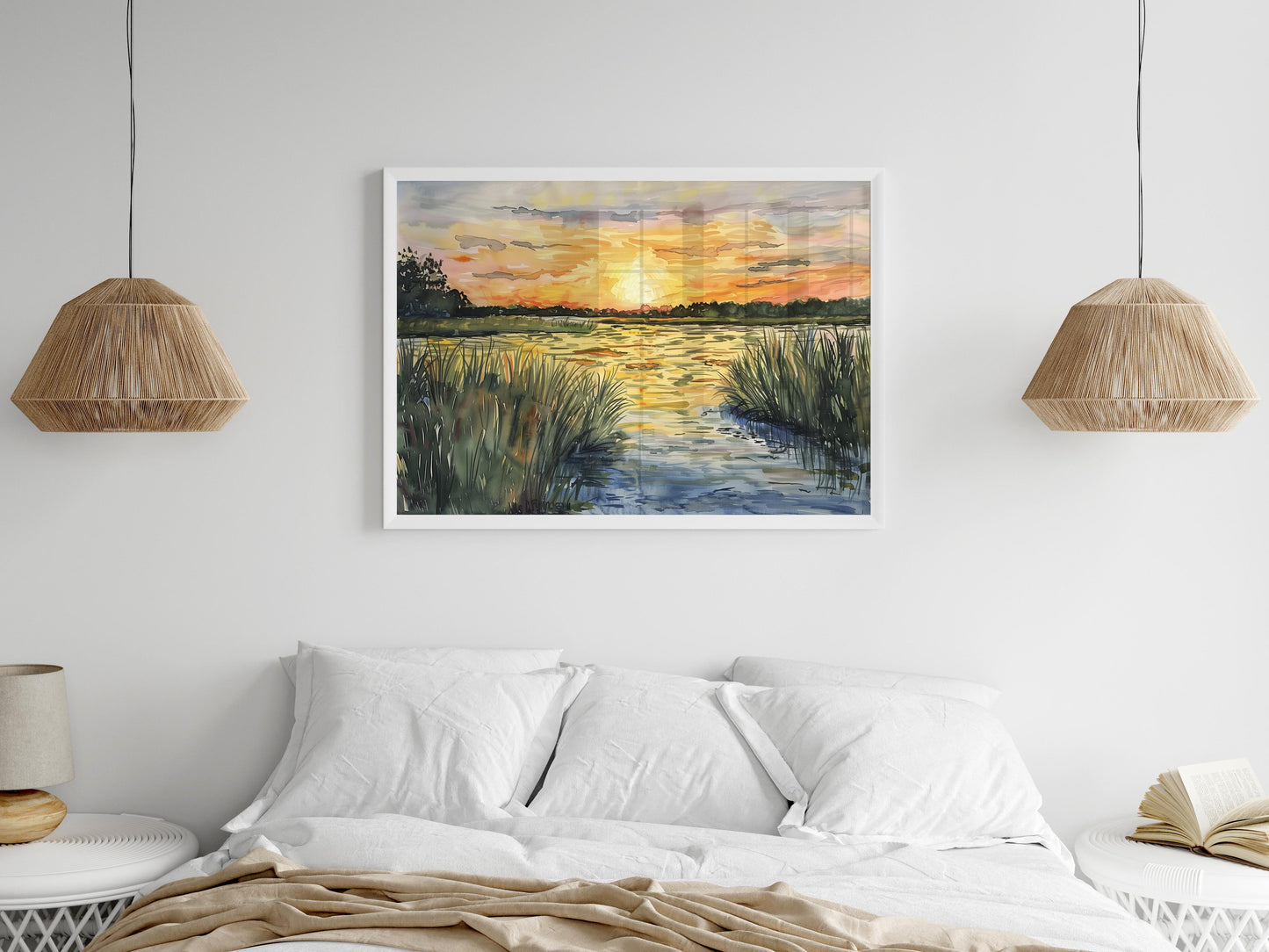 Sunset in Marshland- Vibrant Colors, Art Collection, Harmony, Modern Art Forms, Sunset