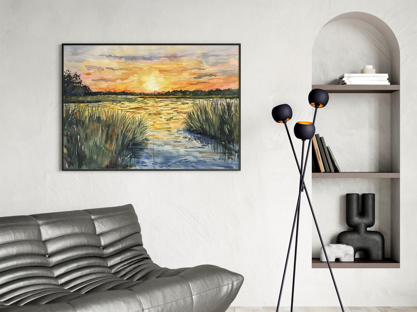 Sunset in Marshland- Water Reflection, Day-Night Transition, Interior Decoration, Natural Beauty, Vegetation