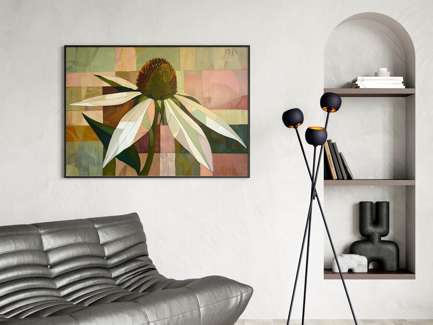 Geometric Silence: The Coneflower by Alejandra Navarro- Modernist Art, Serenity, Flowers, Interior Design, Nature