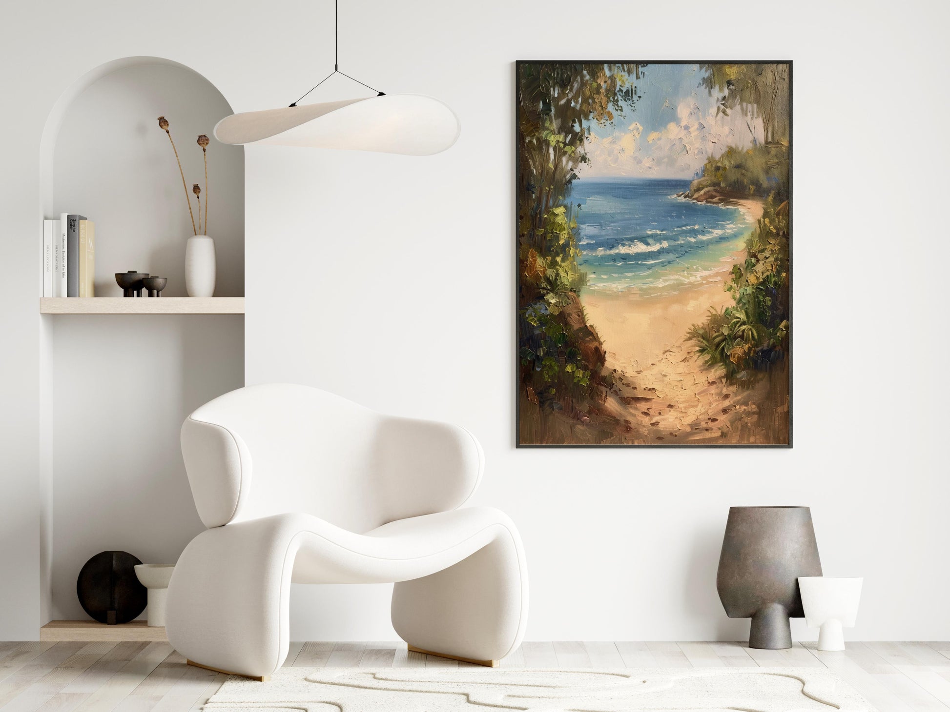 Hidden Coastal Idyll- picturesque calm, place of tranquility, wall decoration, sand path, beach cove