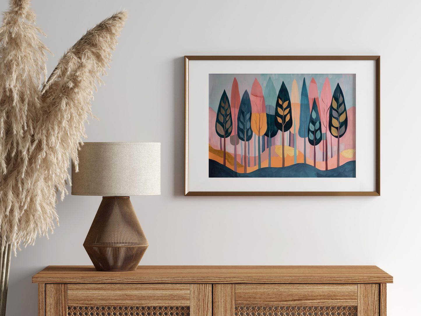 Whispering Pine Forest by Eloise Belmonte- Shades of Pink, Minimalist Approaches, Harmonious Blend, Modern, Gold Accents