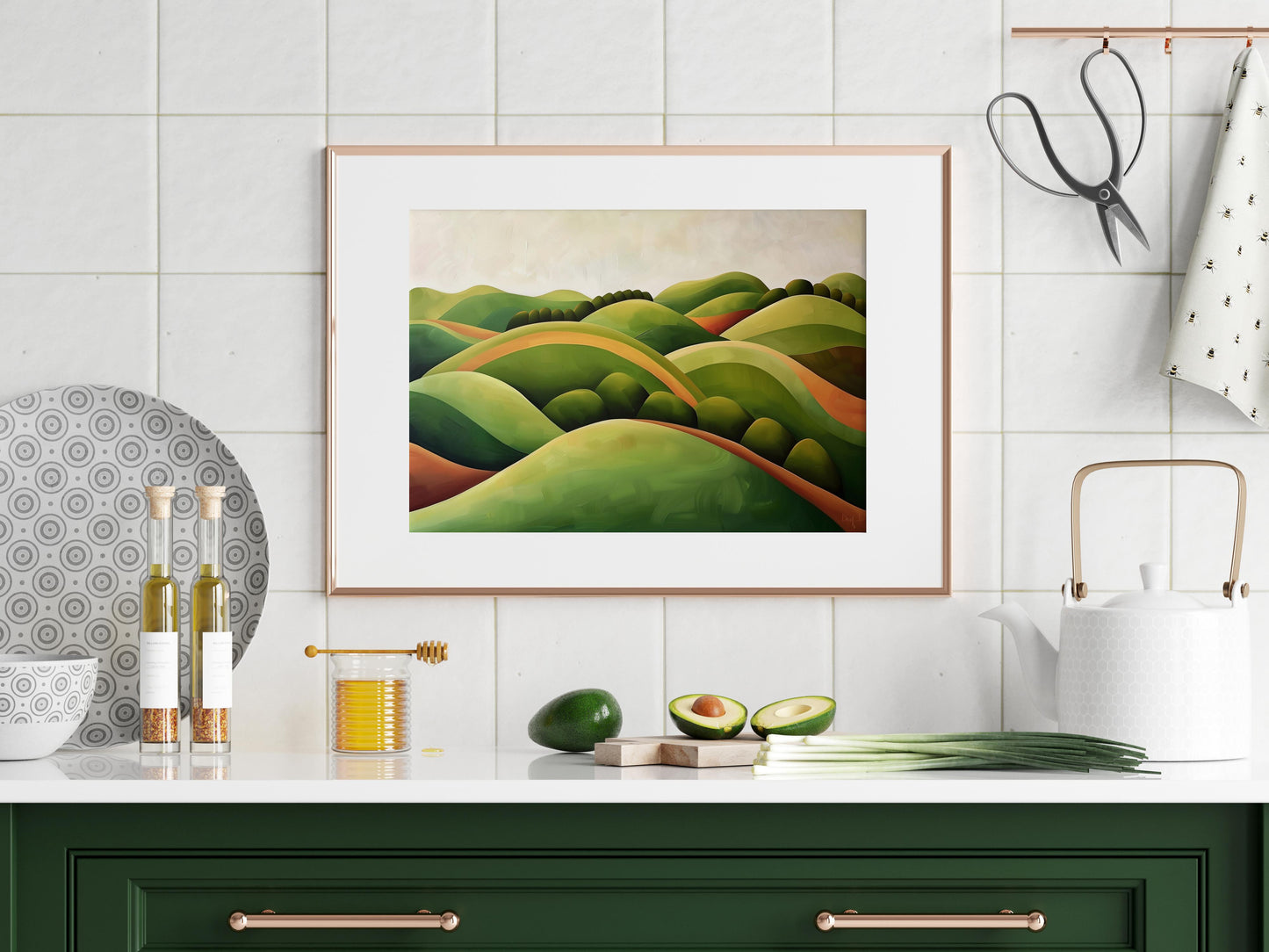 Hills of Harmony- Art Deco, Green Tones, Peace, Visual Art, Geometry