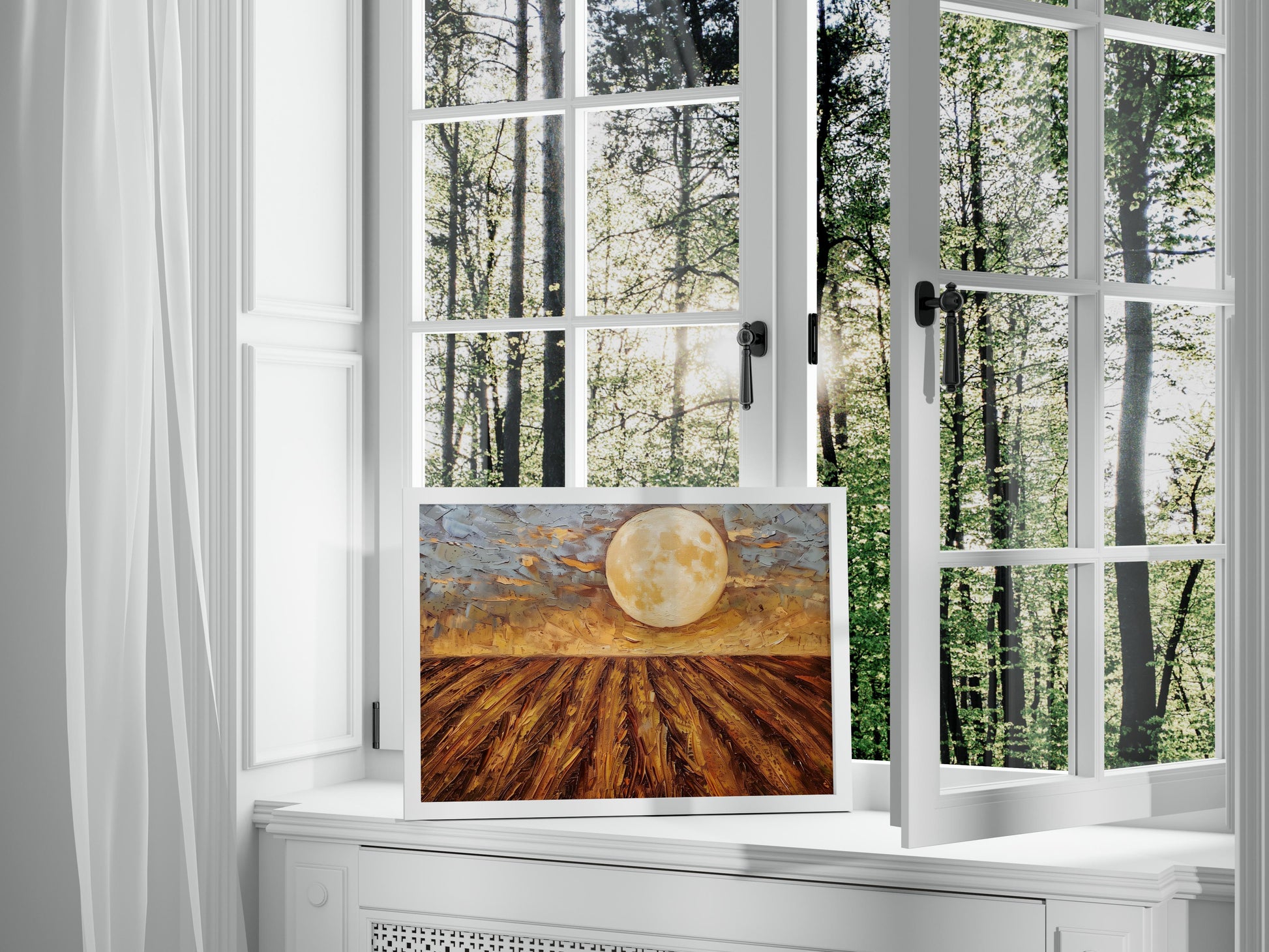 Moonlit Night over Swedish Fields- Art Collection, Scandinavian Nature, Golden Autumn, Swedish Art, Pastoral Scene