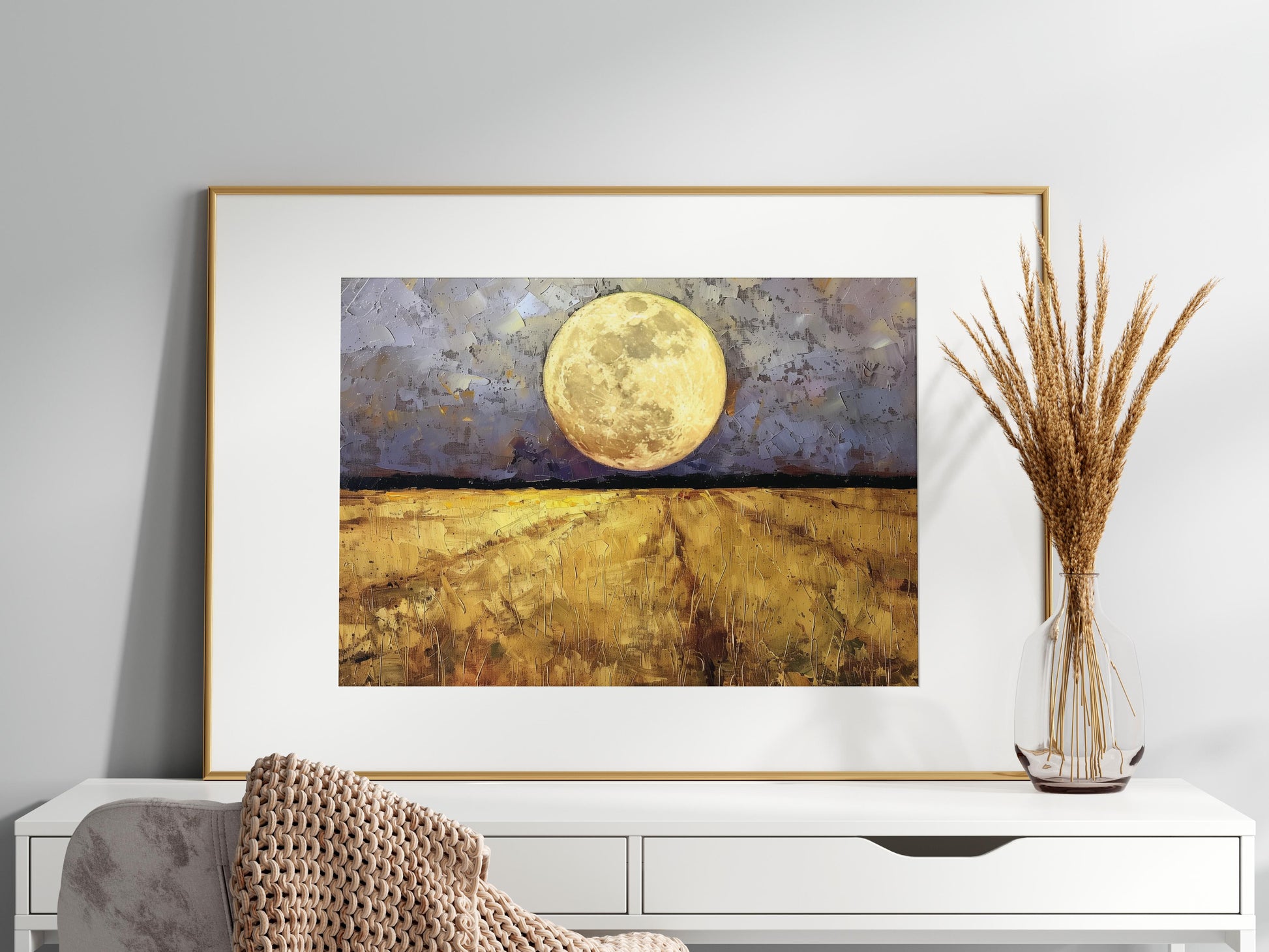 Midnight Harvest Beneath the Moon- Scandinavian Nature, Impressionist Brush Strokes, Atmospheric Art, Swedish Art, Golden Field