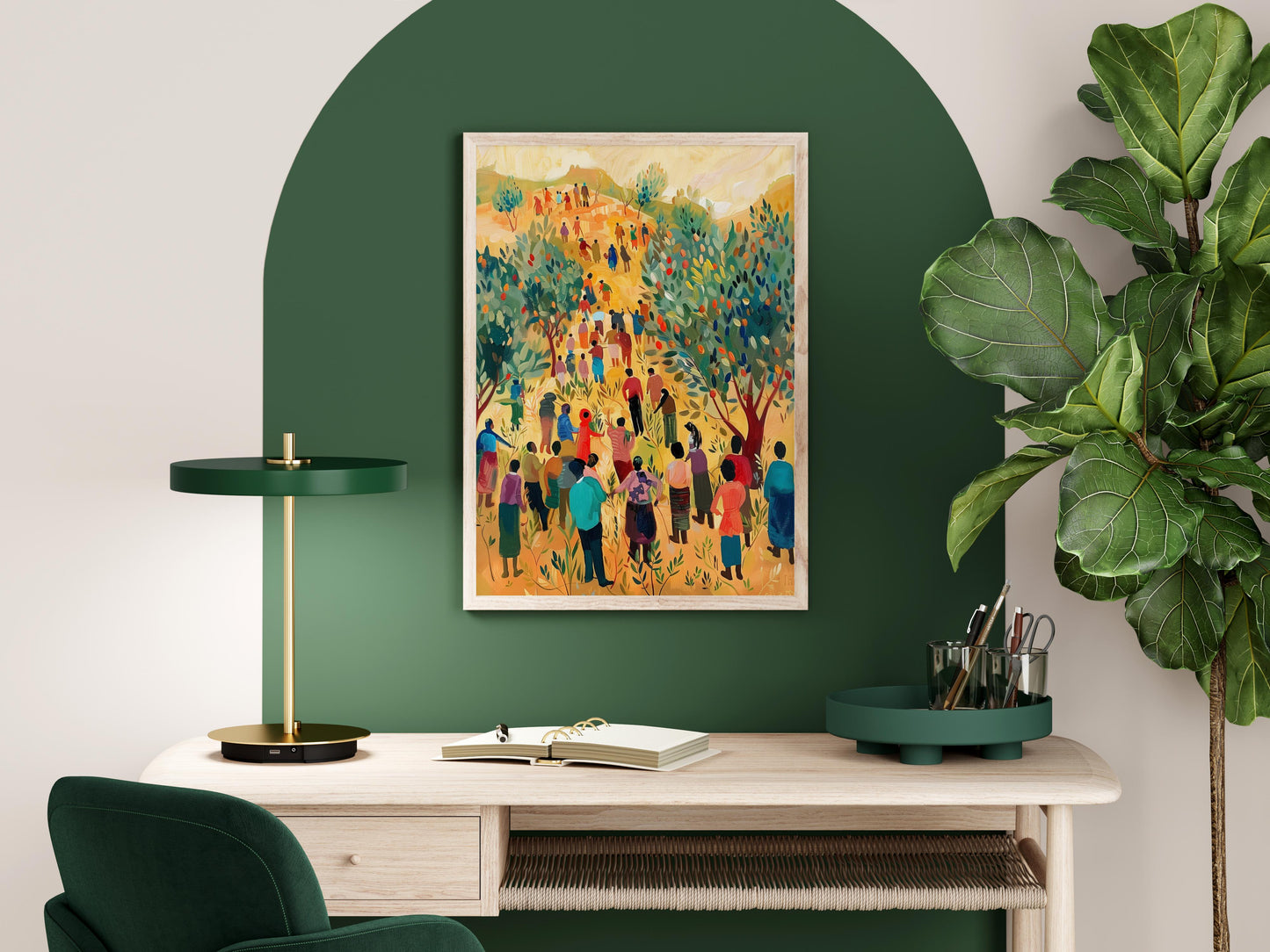 Harvested Community- Earthy Tones, Stylized People, Traditional Elements, Vibrant Color Palette, Modernist Design