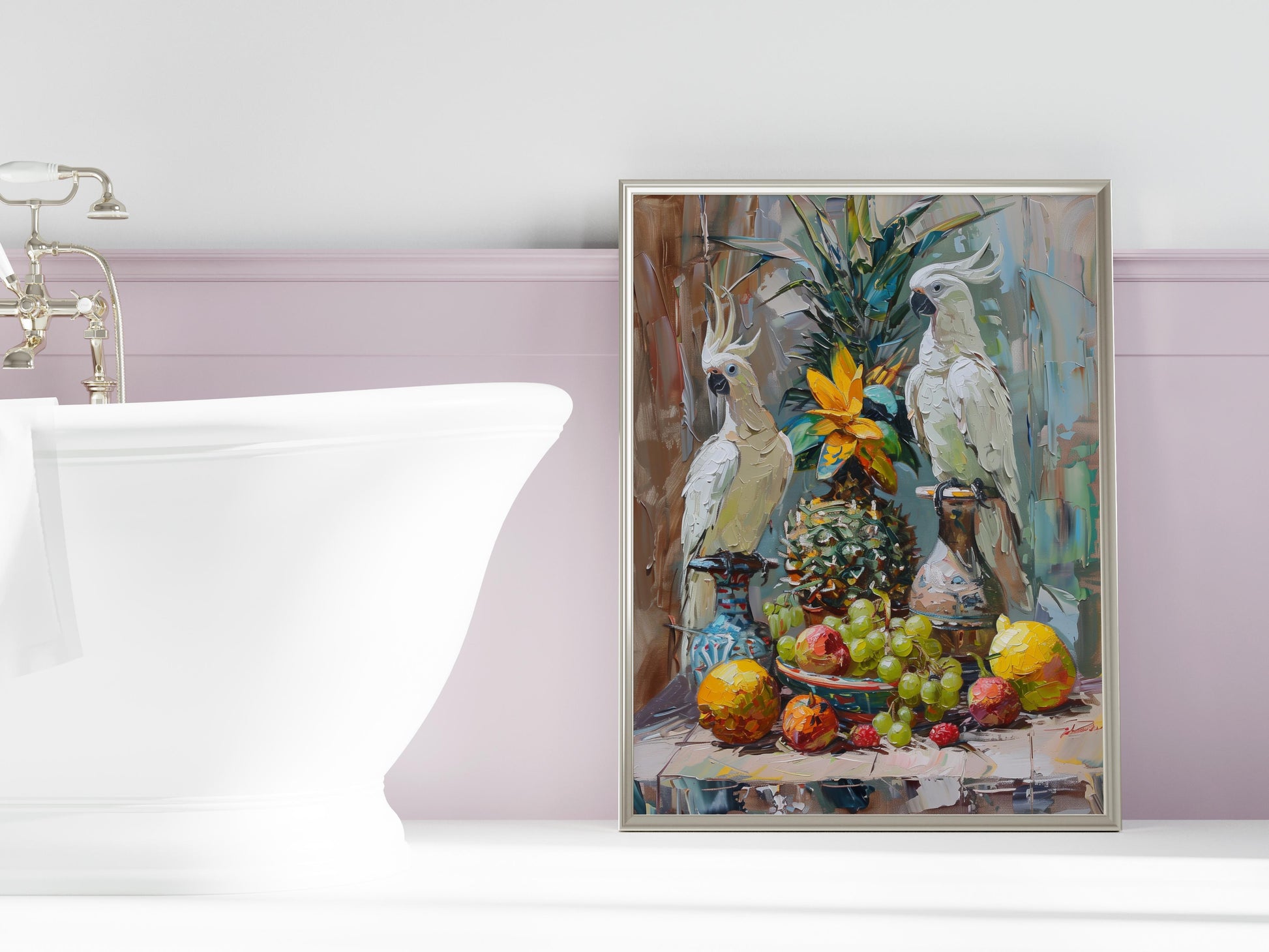 Vibrant Still Life with Tropical Birds- Impressionism, Italian Art, Cockatoos, Classical Training, Tropical Scene