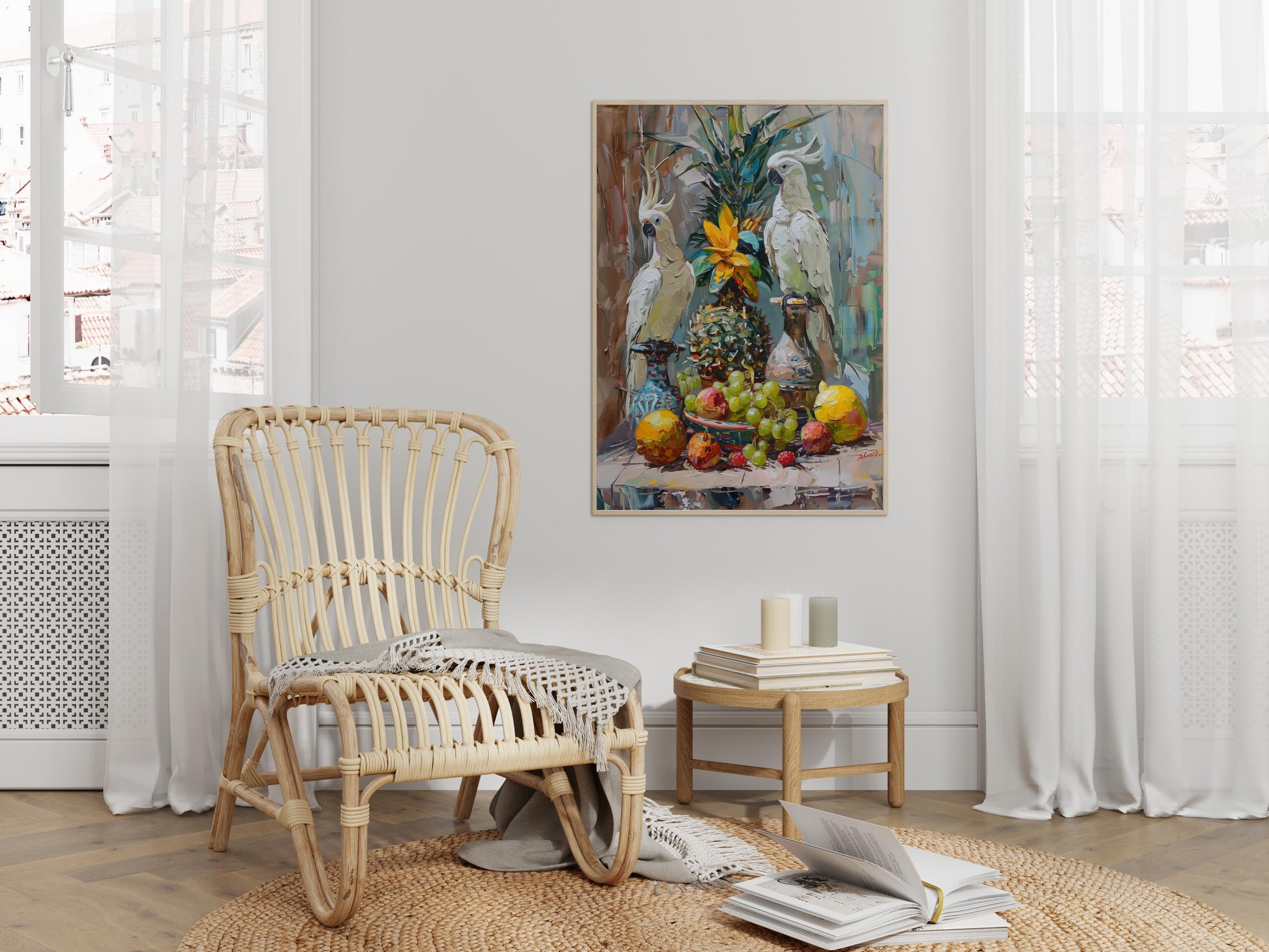 Vibrant Still Life with Tropical Birds- Italian Art, Amalfi Coast, Vibrant, Play of Light, Nostalgia