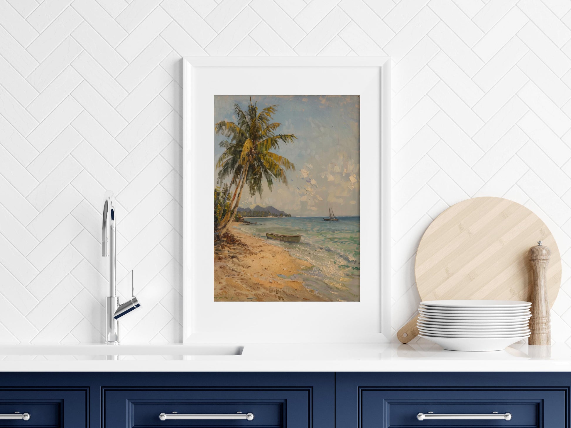 Dawn at the Hidden Beach- Palms, Sailing boat, Mexican art, Sea, Impressionistic elements