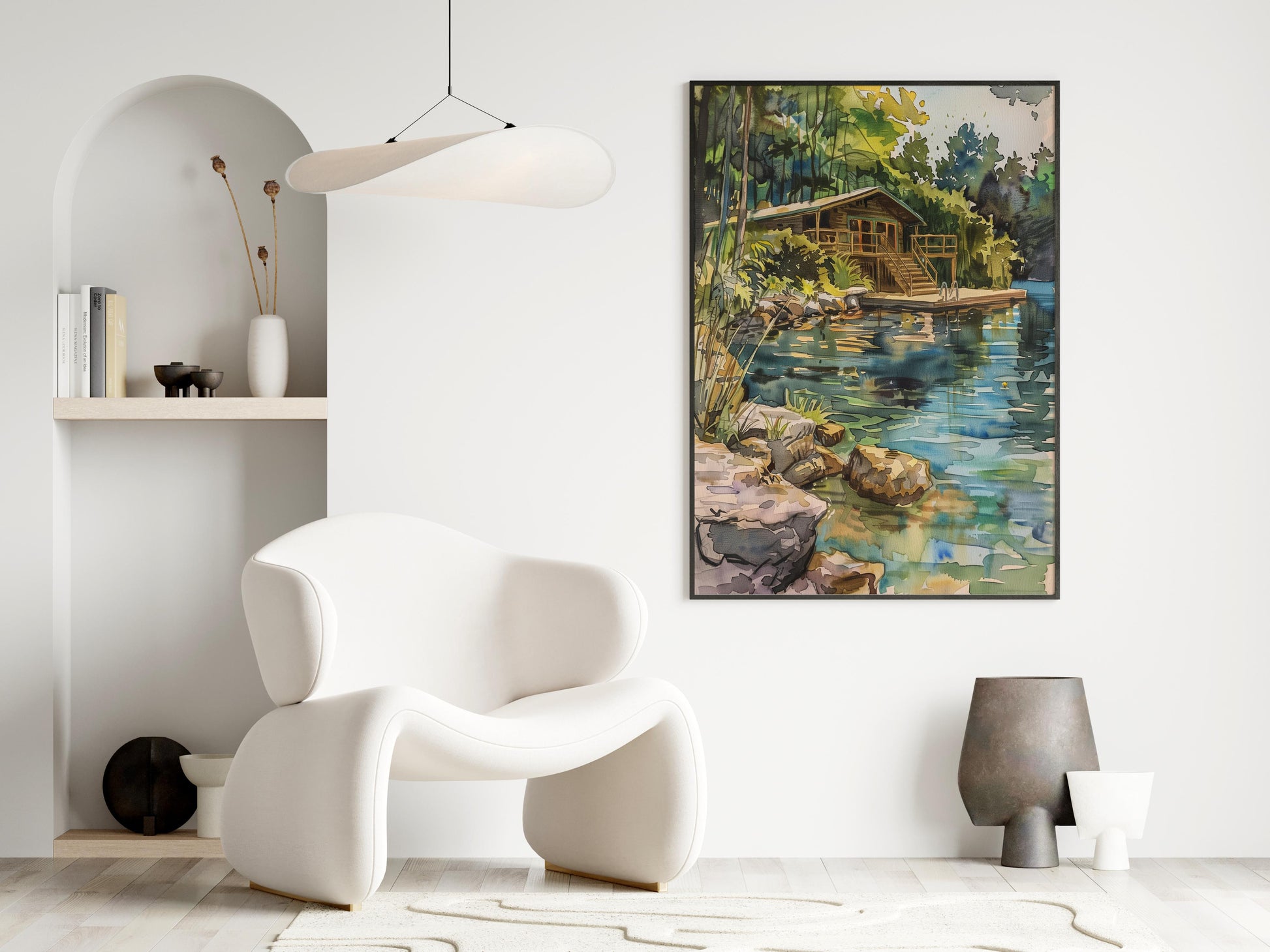 Silence by the Lakeshore- Lake idyll, Wall decoration, Lakeside cabin, Watercolor, Ink painting