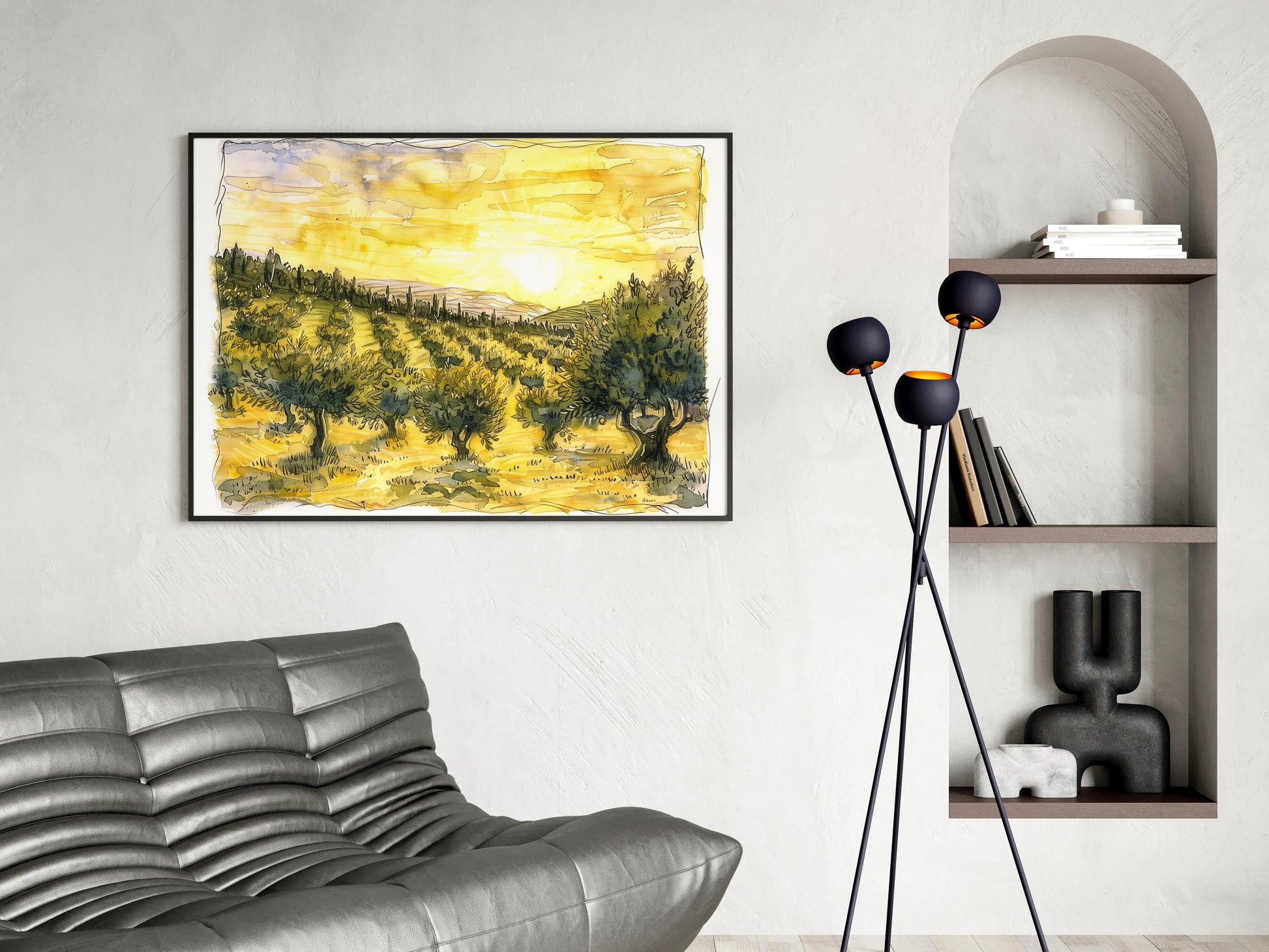 Evening Glow in the Olive Groves- Akiro Tanaka, Watercolor, Landscape, Relaxation, Collector's Item