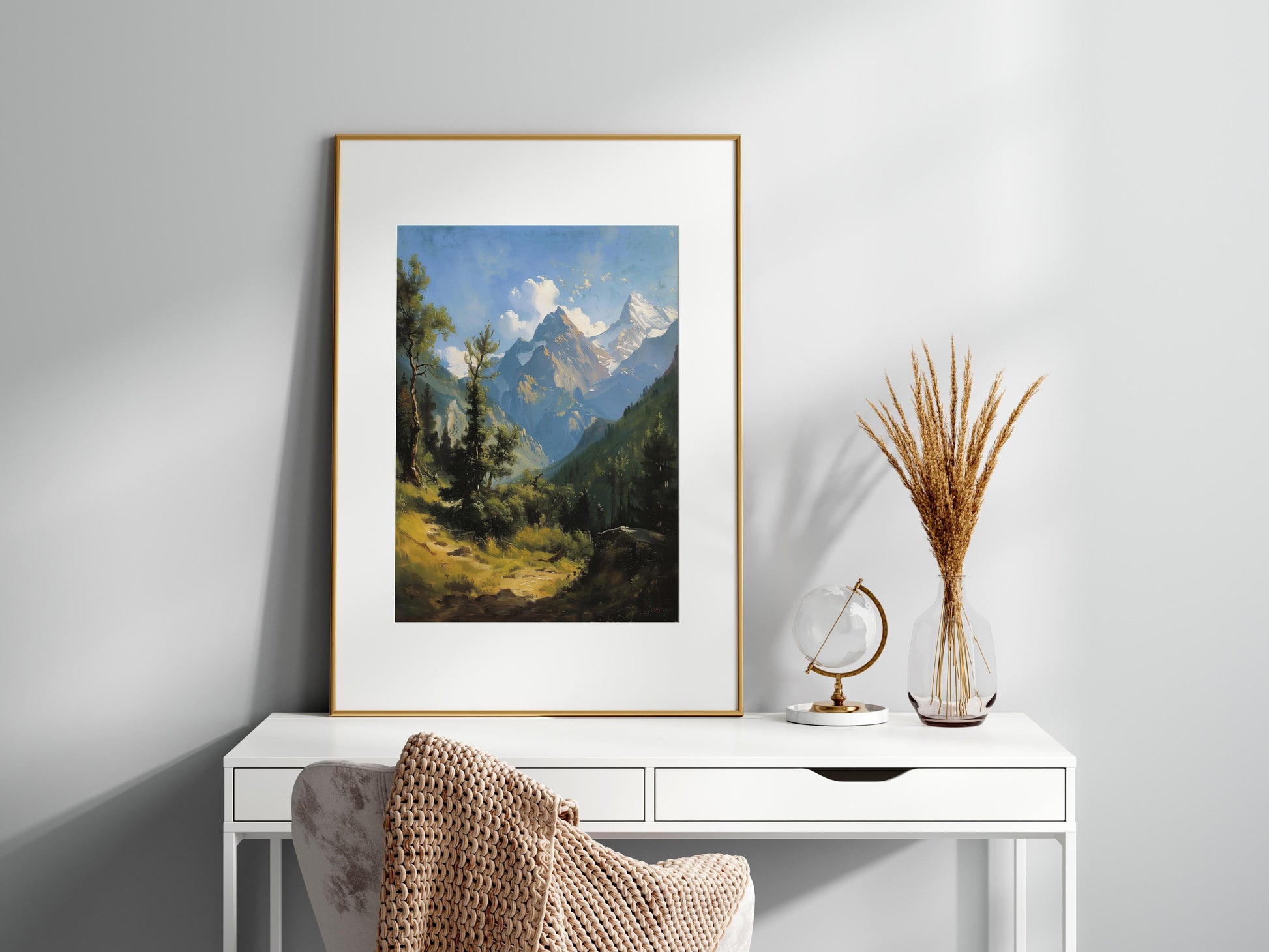 Majestic Tranquility of the Swiss Alps- snow, forest, mountain painting, sunlight, Realism