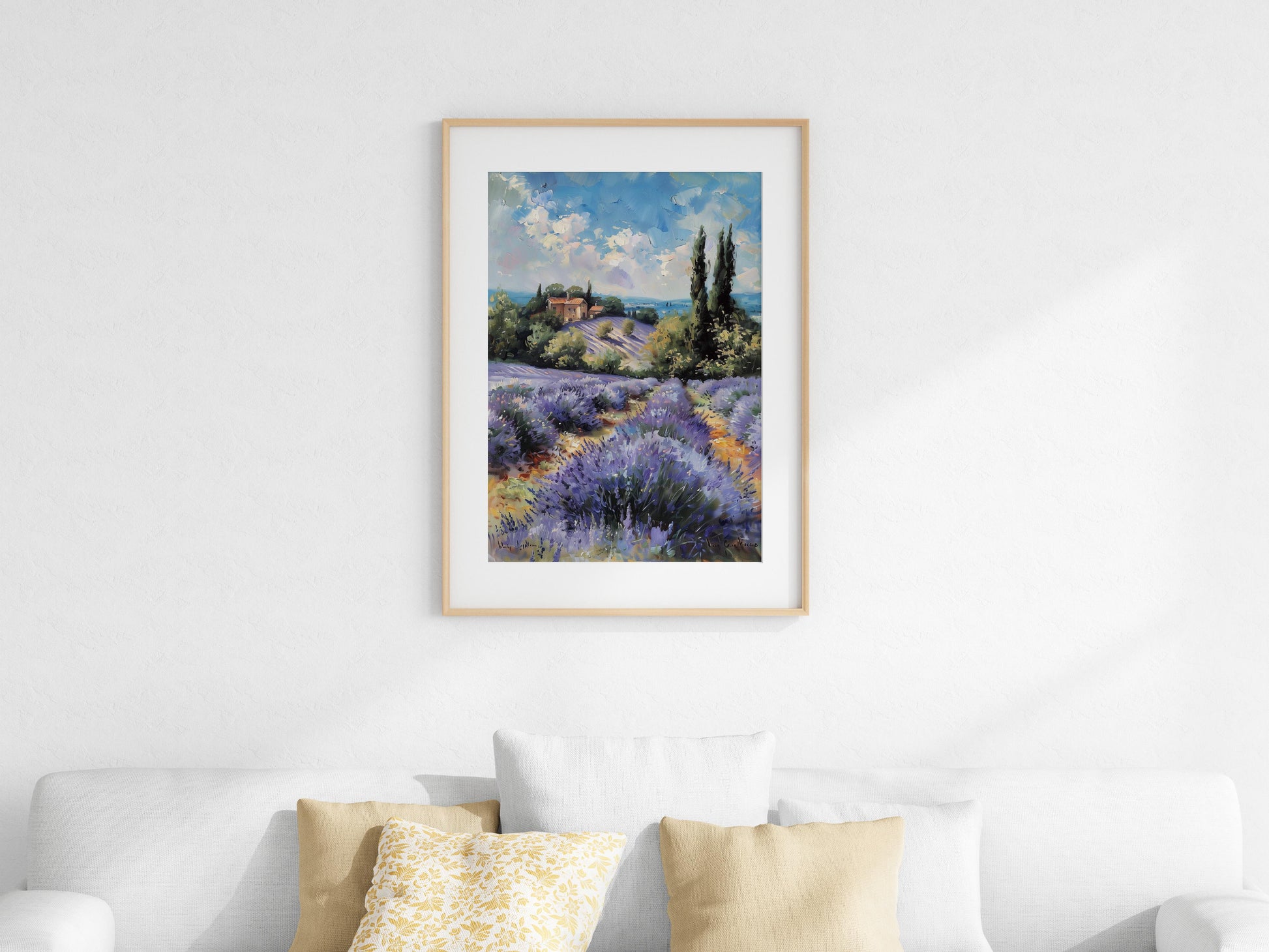 Vibrant Lavender Fields- Impressionism, blue sky, landscape painting, precise detailing, visual symphony