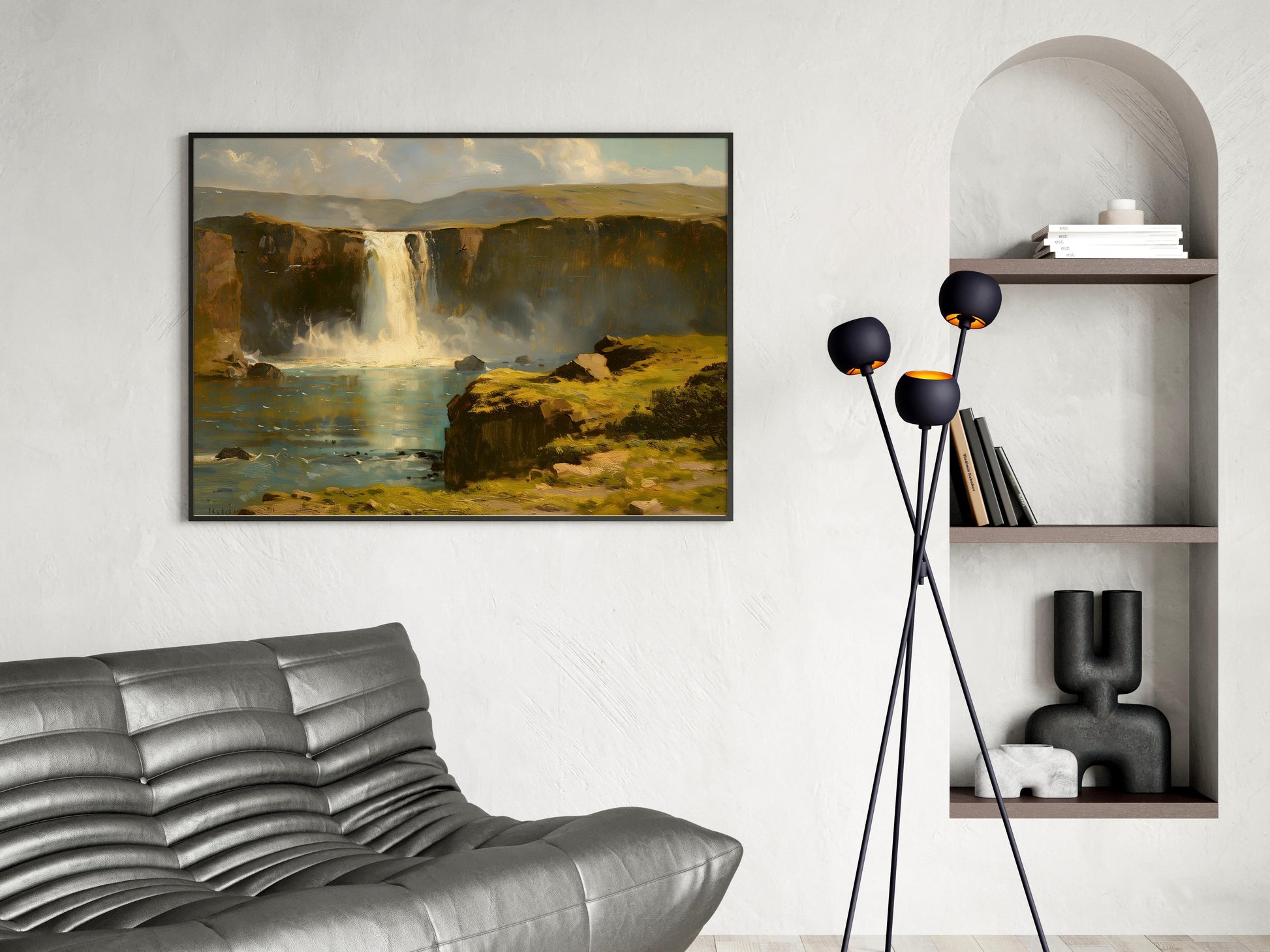 Icelandic Waterfalls: A Masterpiece by Mariana Silvers- dramatic nature, lush green, photorealism, oil painting, meadows