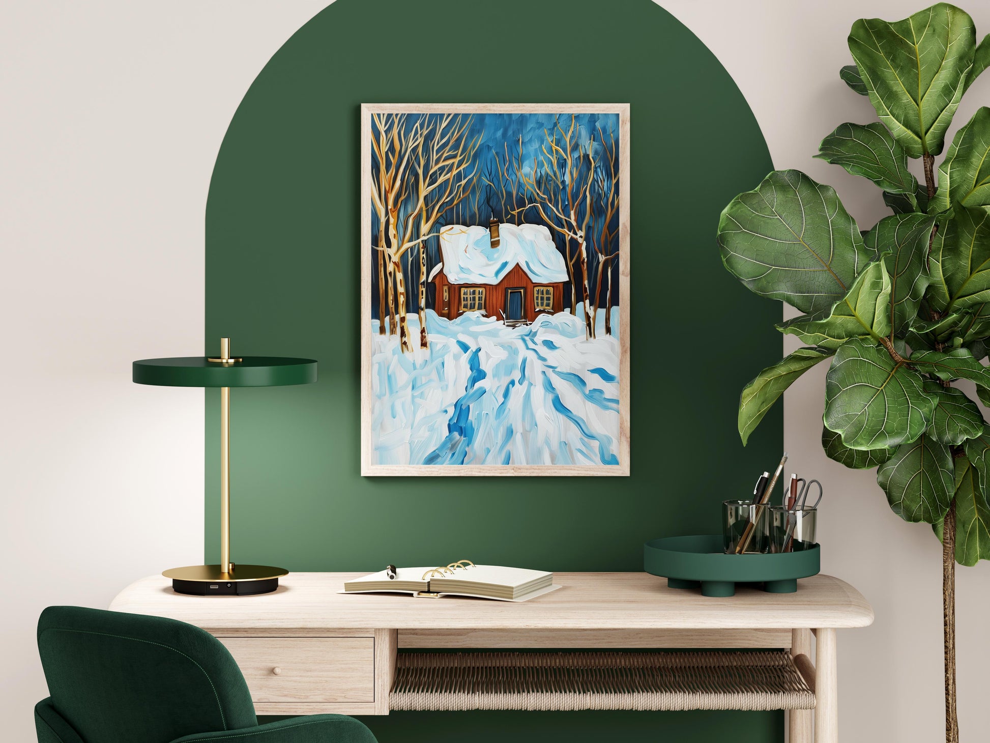 Winterstille im nordischen Landhaus- Landscape Painting, Snow landscape, expressive brushstrokes, Nordic cottage, American Modernism