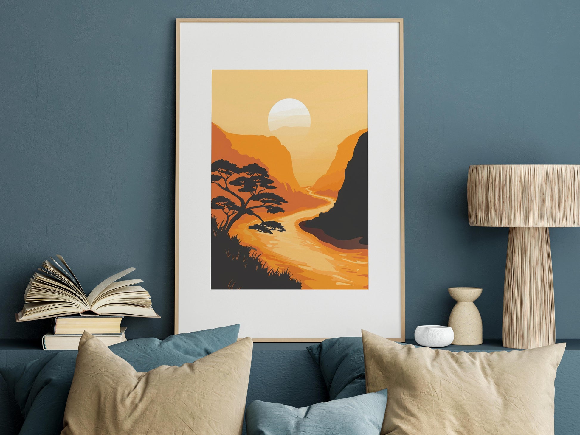 Morgendämmerung am nebligen Fluss- Kunstsammlung, Eldon Peak, Wanddekoration, Orangetöne, Naturdarstellung