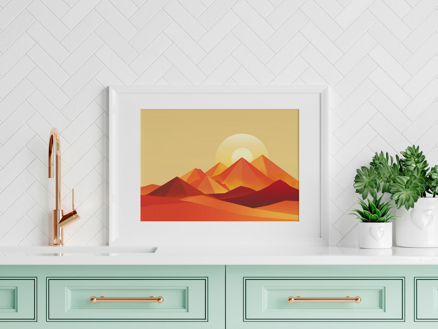 Geometric Sunrise Over the Mountains- Modern Art, Orange Tones, Geometric Abstraction, Landscape Art, Mountain Art