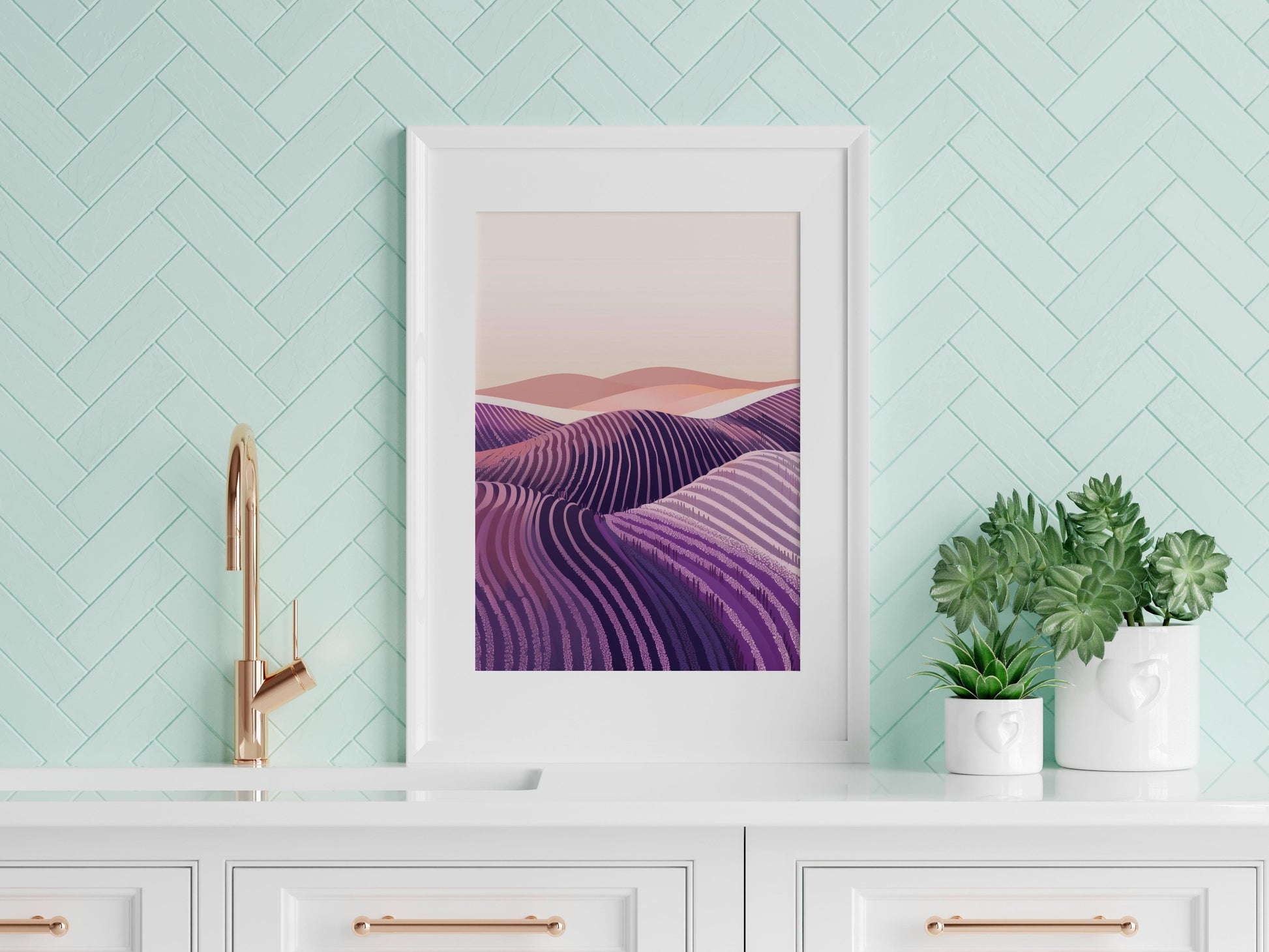 Lavender Dreams: A Geometric Ode to Nature- modern landscape, abstract art, gallery quality, wall decor, art print