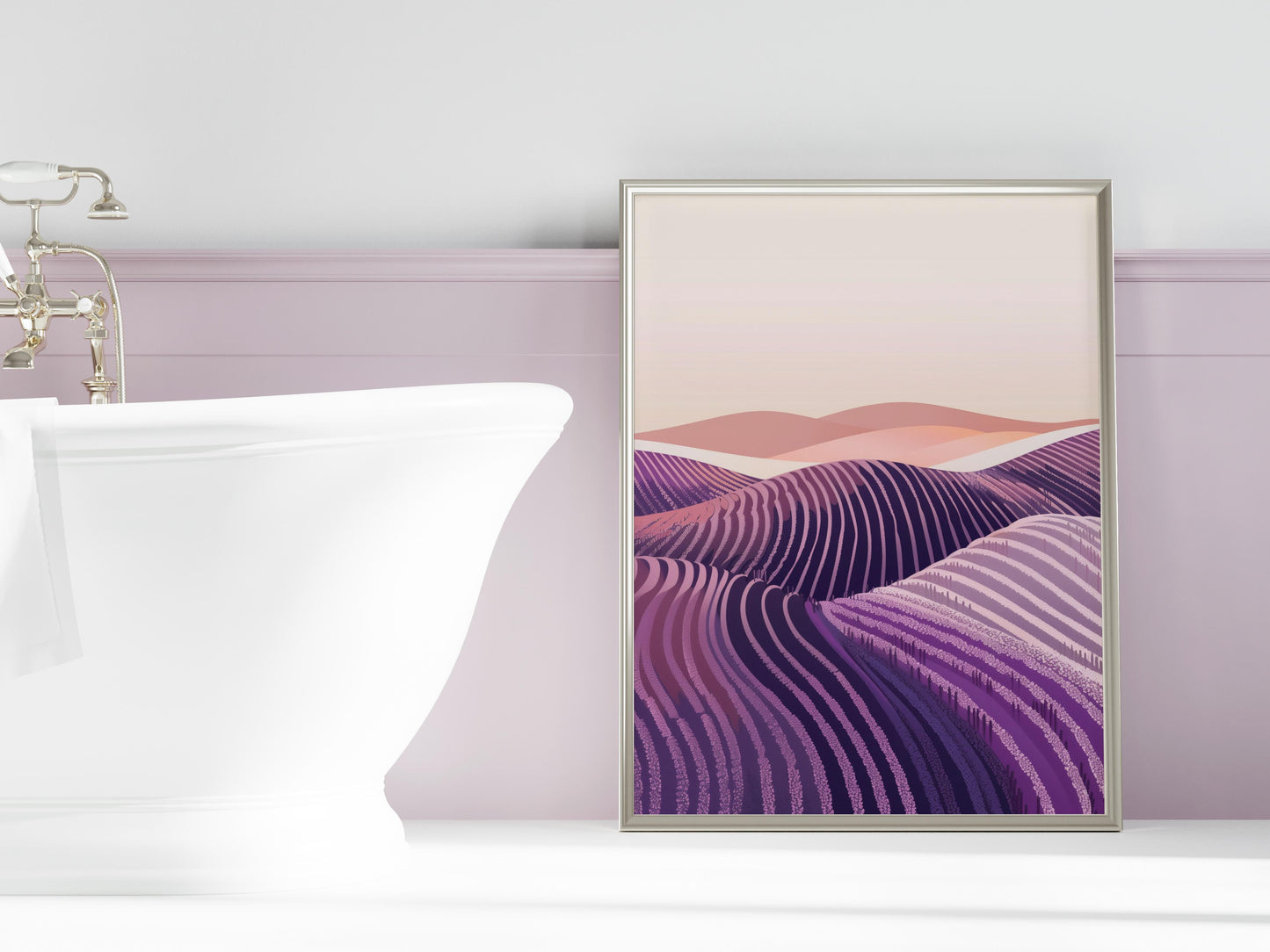 Lavender Dreams: A Geometric Ode to Nature- modern landscape, wall decor, lavender field, gallery quality, home decor