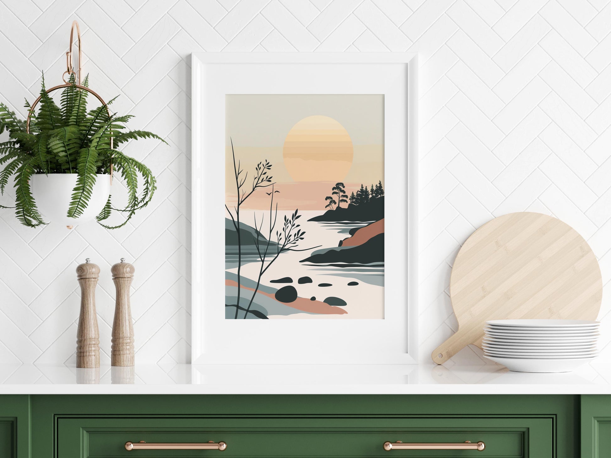 Morgendämmerung im Schwedischen Archipel- Scandinavian Landscape, Geometric Art, Stylized Nature, Abstract Art, Quiet Coast