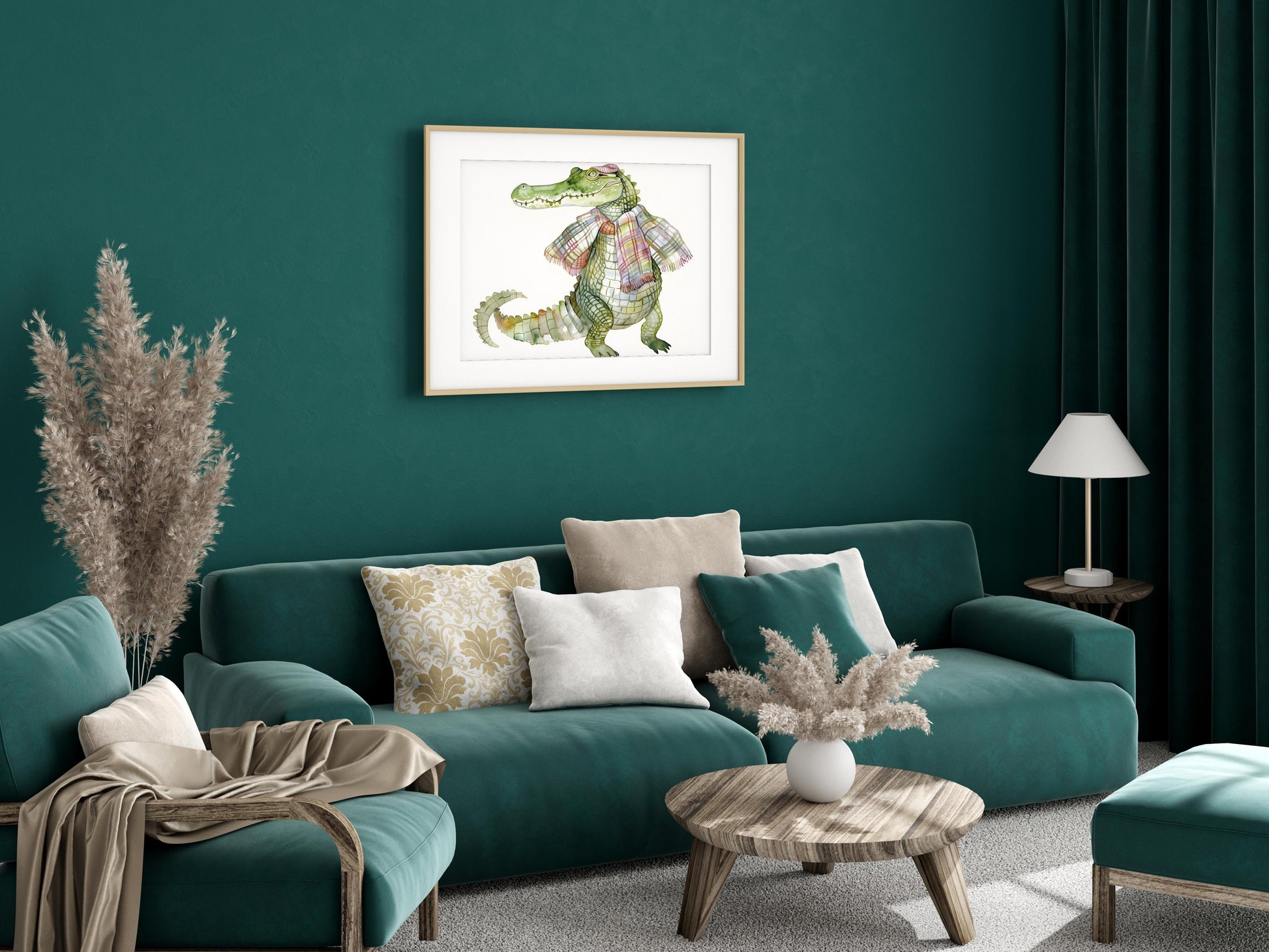 Der elegante Krokodilherr- mythological creature, home decor, soft colors, fairy-tale aesthetic, crocodile