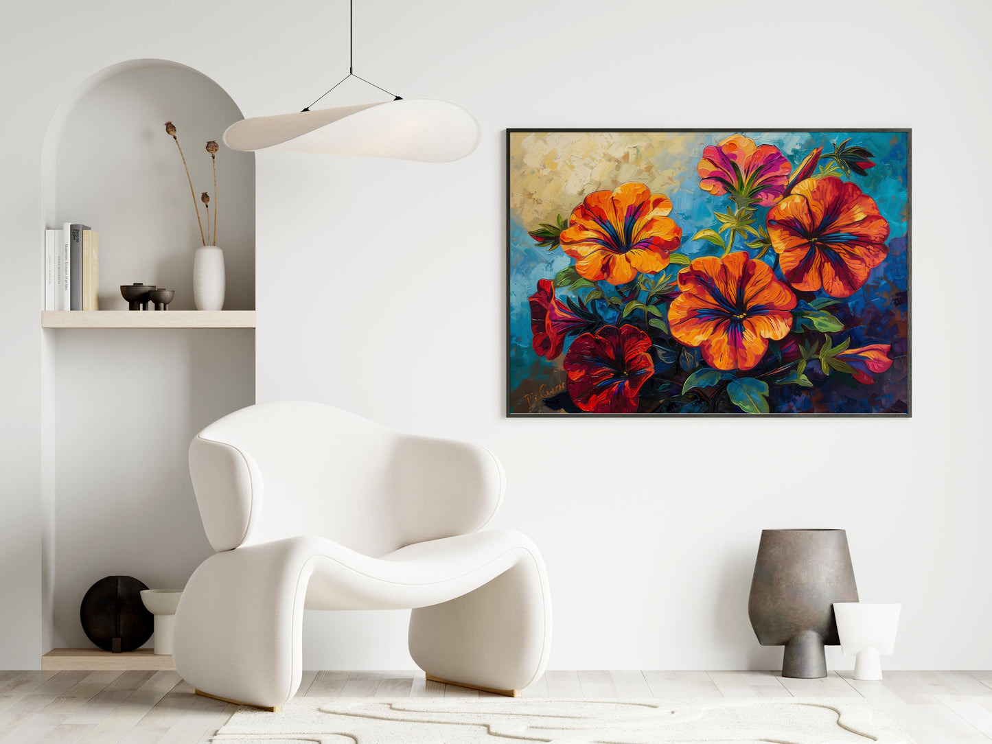 Floral Symphony in Blue- Artistic Flowers, Vibrant Colors, American Artist, Modernism, Emotional Depiction