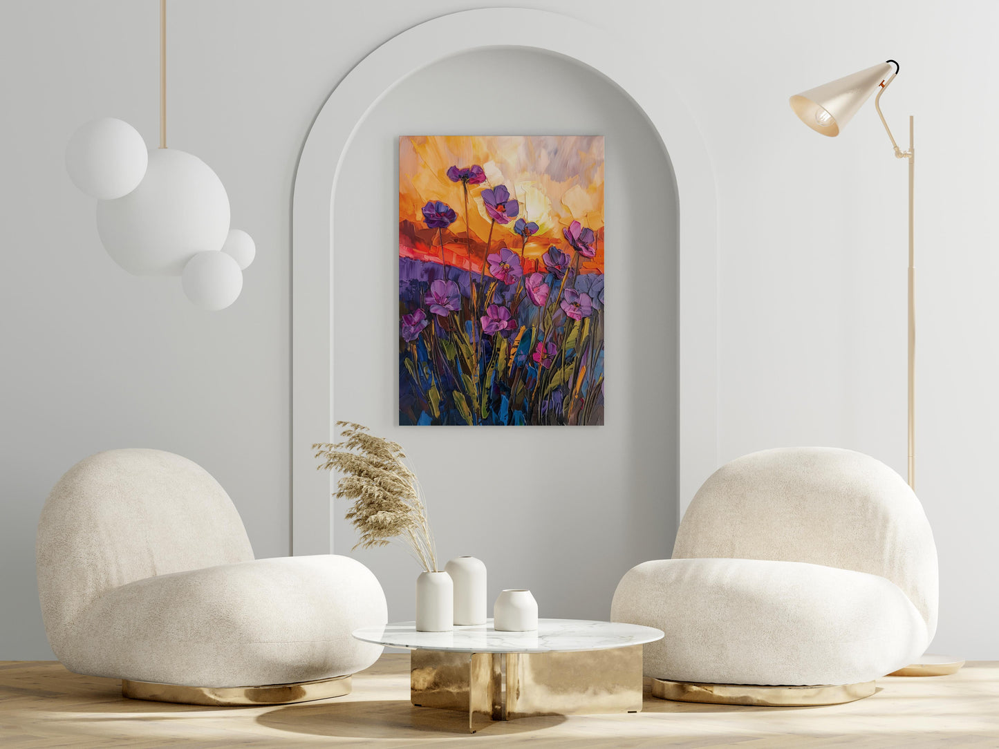 Floral Magic at Sunset- expressive brushstrokes, buy art, modern art, landscape painting, visual symphony