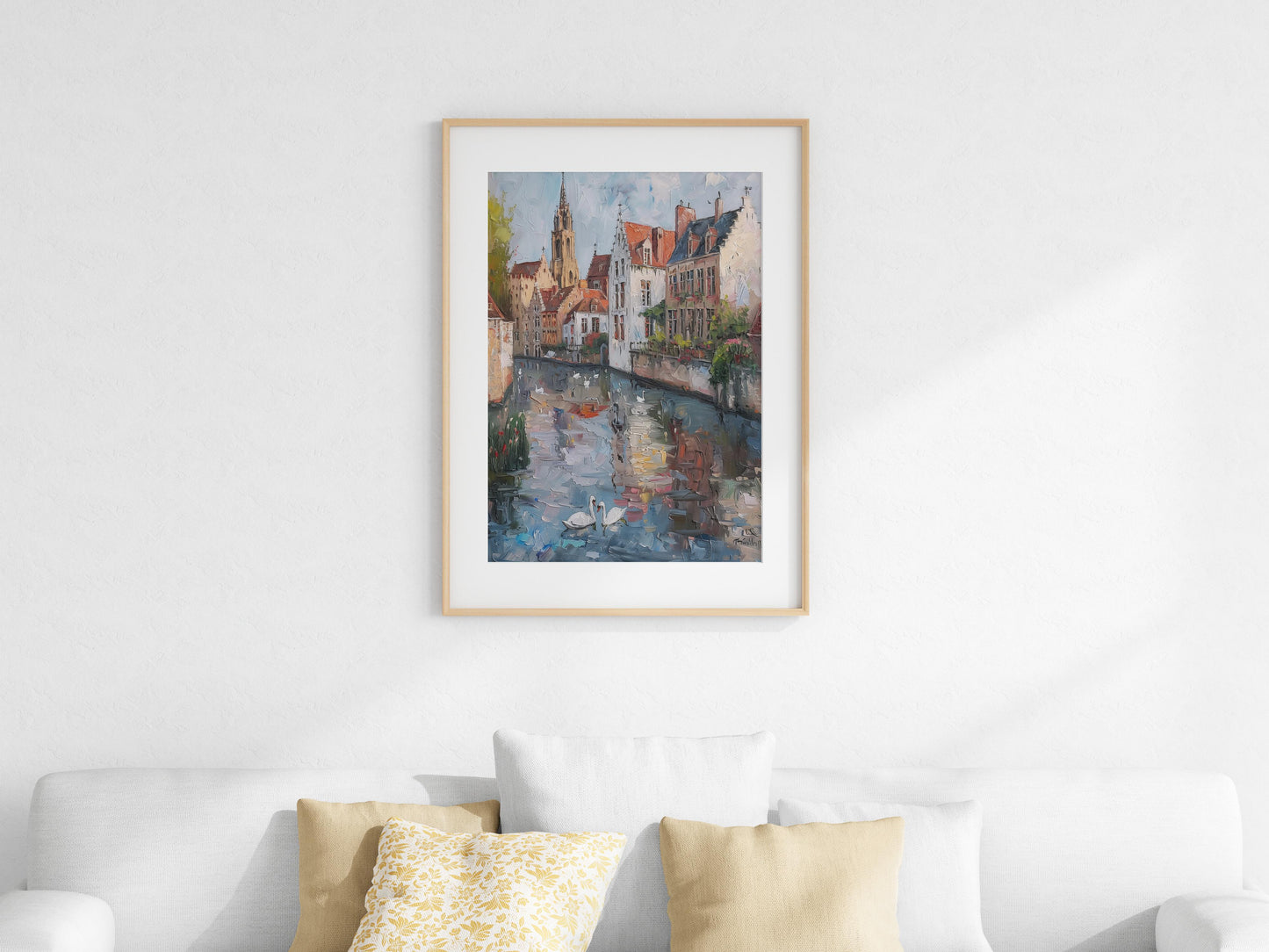 Morning Stillness in Bruges- Italian artist, Impressionism, swans, reflections, Moretti