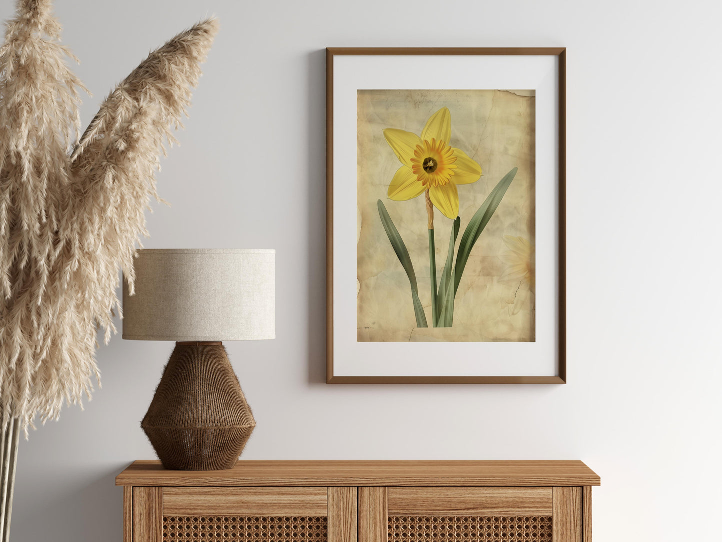 Awakening of Spring: The Daffodil- spring, botanical art, antique background, green shades, plant motif