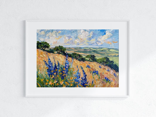 Color Magic of the Texas Hill Country- landscape painting, wildflowers, freedom, Hill Country, cloudy sky