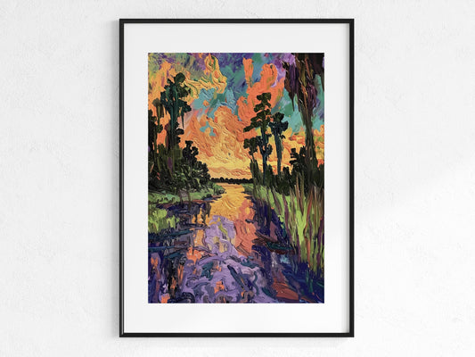 Flames of the Bayou- Louisiana, Landscape Painting, Bayou, Color Dynamics, Expressive Brushstrokes