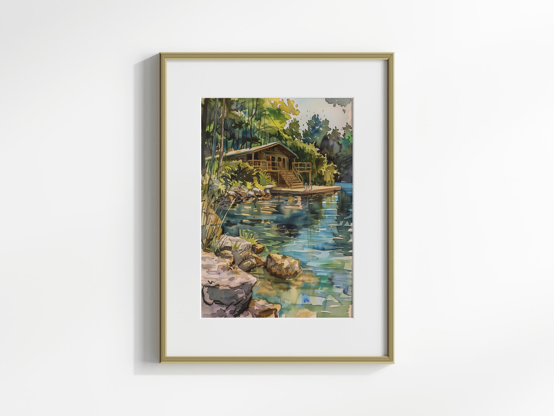 Silence by the Lakeshore- Lake idyll, Relaxation, Ink painting, Lakeside cabin, Interior design