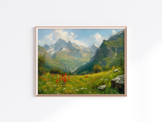 Ewige Gipfel: Ein Sommertag im Tal- Inneneinrichtung, Wildblumenwiesen, Kunstsammlung, Bergpanorama, Ölgemälde