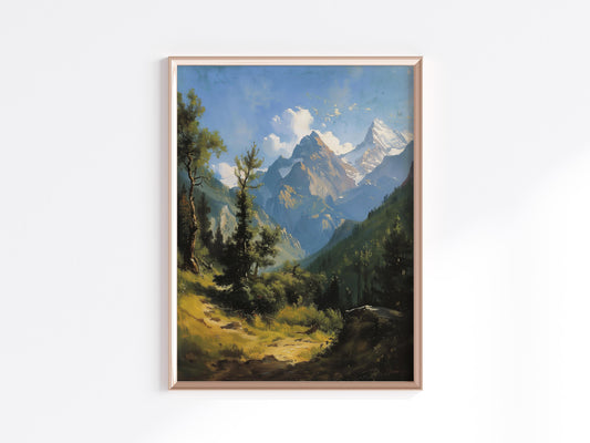 Majestic Tranquility of the Swiss Alps- Swiss Alps, mountain painting, forest, nature painting, Realism