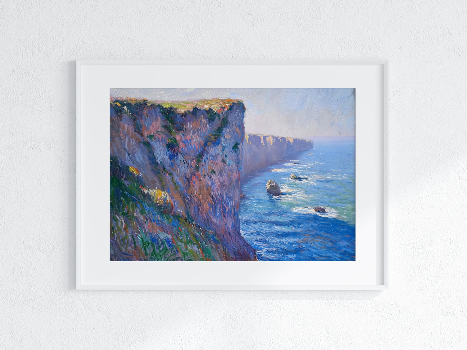 Midday Glow on Coastal Cliffs- Nature representation, Impressionism, Vibrant colors, Art collection, Dynamic texture