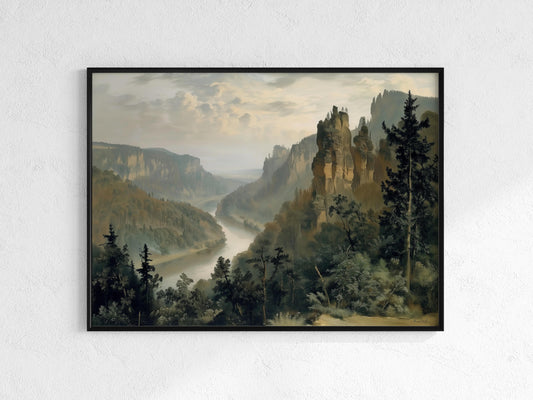 Morgendämmerung im Elbtal- dense forests, dawn, misty peaks, nature painting, Evan Tremblay