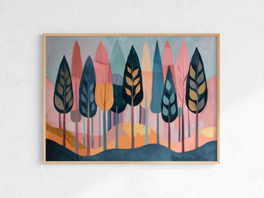 Whispering Pine Forest by Eloise Belmonte- Coziness, Harmonious Blend, Tranquility, Forest Motif, Shades of Pink