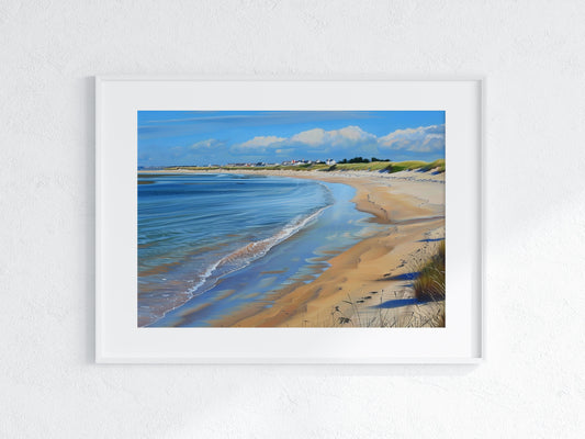 Whispering Waves on the Shore- nature painting, fishing village, clear waters, coastal landscape, realism