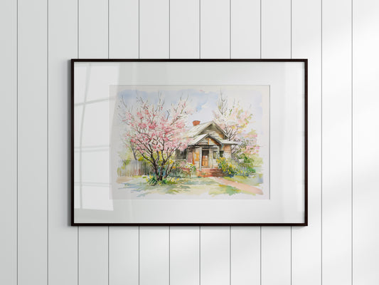 Frühlingsgeflüster an einem ländlichen Refugium- Kunst, Frühlingserwachen, Aquarelltechnik, Akiro Tanaka, Aquarell