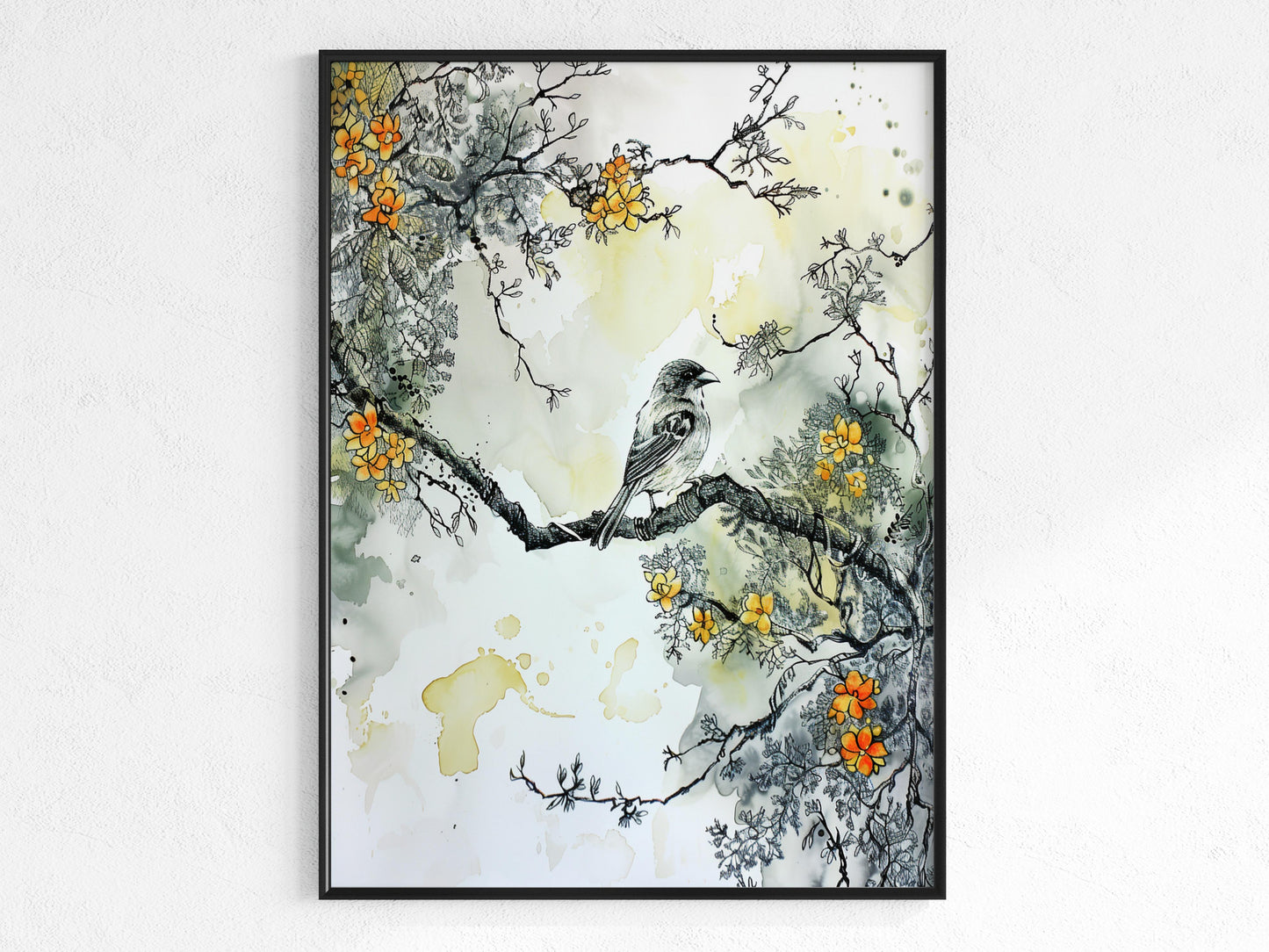 Frühlingsmelodie- wall decor, art print, ink, blossoms, watercolor